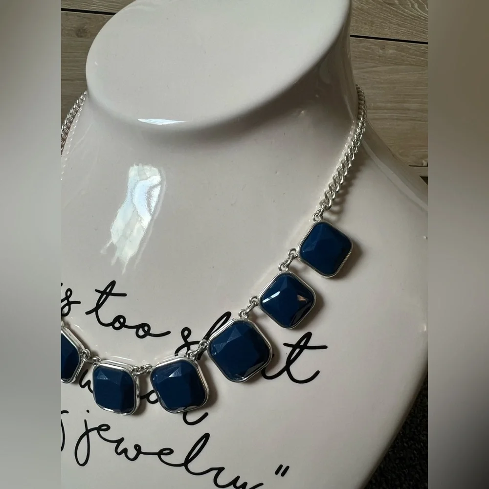 Vintage 2010s Square Cut Navy Blue Stone Bezel Facets Silver Statement Necklace